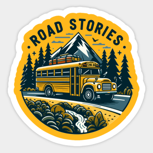 School Bus On An Adventurous Road Trip, Road Stories Sticker